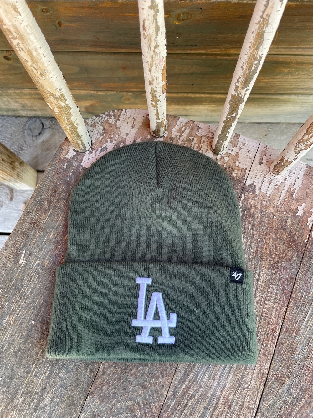 47 Brand Los Angeles Dodgers Olive Green Beanie with White LA Logo
